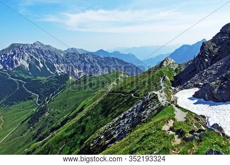 Alpine Mountain Peaks Spitz, Gamsgrat And Raucher Berg Over The Malbuntal Alpine Valley And In The L