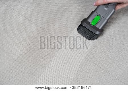 Female Hand Removing Dirt From Sofa With Upholstery Cleaner. Sofa Chemical Cleaning. Upholstered Fur
