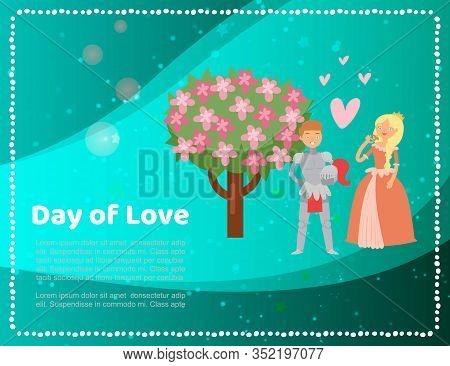 Cute Medieval Princess Lady And Knight Love Day With Blosom Tree And Hearts Cartoon Vector Illustrat