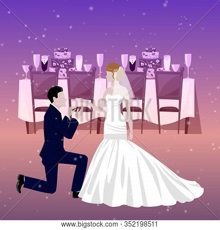 Wedding Couple In Restaurant With Newly Married Weds Bride And Bridegroom Background Cartoon Vector 