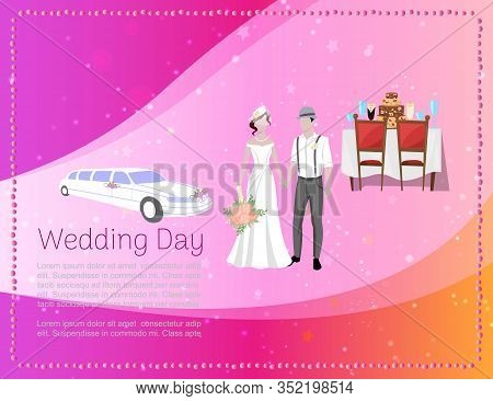 Wedding Day Banner With Newly Married Weds Bride And Bridegroom, Car And Restaurant Ceremony Backgro