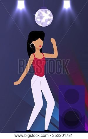 Cartoon Happy Pretty Woman Character In Casual Clothes Dancing And Clubbing On Dance Floor. Stage Wi