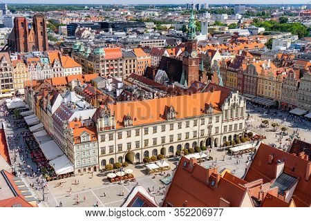 Wroclaw, Poland, August 2019. Top Aerial Panoramic View Of Wroclaw Old Town Historical City Centre W