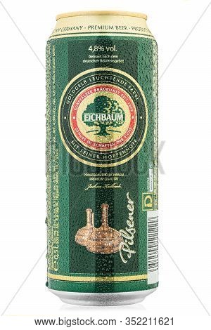 Ukraine, Kiev - February 06. 2020: Aluminium Cold Can Of Eichbaum Pilsener Beer, On White Background