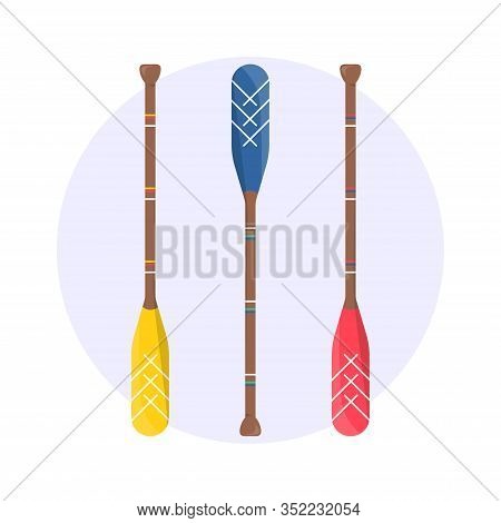 Set Of Cute Oar Paddle Boat In Cartoon Style. Isolated Wood Kayak Symbol. Lumbar Sign For Fabric Pat
