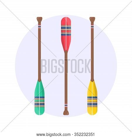 Set Of Cute Oar Paddle Boat In Cartoon Style. Isolated Wood Kayak Symbol. Lumbar Sign For Fabric Pat