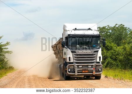 Rundu, Namibia - February 8, 2020: Semo-trailer Dump Truck Scania R At The Gravel Intercity Road.