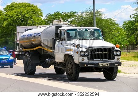 Maun, Botswana - February 9, 2020: Water Truck Nissan Diesel In The Town Street.