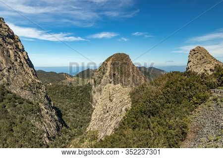 Panoramic View Of Rocks - Los Roques In La Gomera Island. A Volcanic Plug, Also Called A Volcanic Ne