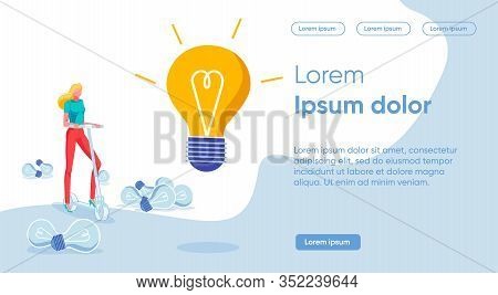 Flat Banner Steps To Implement Main Idea, Slide. Large Light Bulb Is Lit In Center. Next To It, Girl
