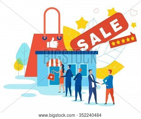 Sale In Webstore And Long Customer Queue Metaphor Cartoon. Shop Building, Happy Men And Women, Huge 