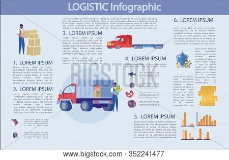 Logistic Infographic, Profitable Business, Slide. Uniform Loader Stands Next To Van And Unloads Thin