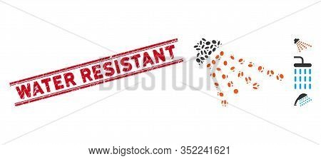 Grunge Red Stamp Seal With Water Resistant Phrase Between Double Parallel Lines, And Mosaic Shower I