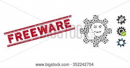 Rubber Red Stamp Seal With Freeware Phrase Inside Double Parallel Lines, And Mosaic Service Gear Ok 