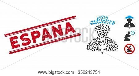 Distressed Red Stamp Watermark With Espana Text Between Double Parallel Lines, And Mosaic Priest Ico
