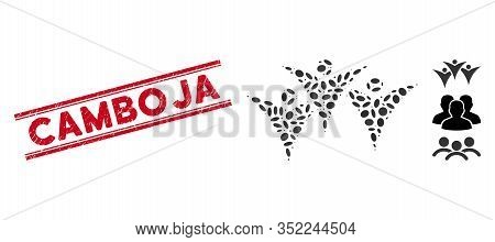 Corroded Red Stamp Watermark With Camboja Caption Inside Double Parallel Lines, And Mosaic Future Pe