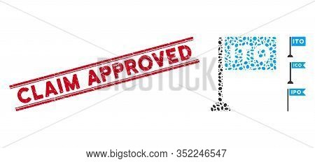 Corroded Red Stamp Seal With Claim Approved Text Between Double Parallel Lines, And Mosaic Ito Recta