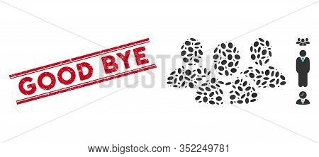 Distressed Red Stamp Seal With Good Bye Caption Inside Double Parallel Lines, And Mosaic Team Manage