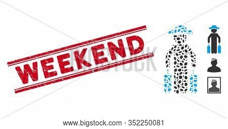 Corroded Red Stamp Seal With Weekend Text Between Double Parallel Lines, And Mosaic Gentleman Passen