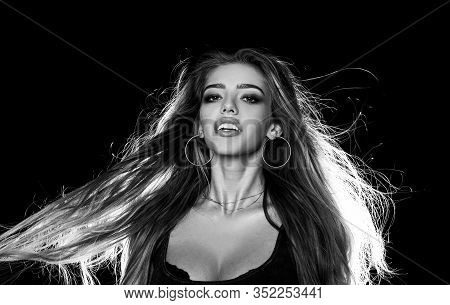 Headshot Portrait Of Kissable Long-haired Girl, Sexy And Beautiful Fashion Model Posing On Camera. A
