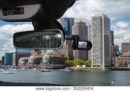 Looking Through A Dashcam Car Camera Installed On A Windshield With View Of The Boston Skyline, Usa