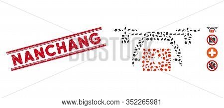 Grunge Red Stamp Seal With Nanchang Phrase Between Double Parallel Lines, And Mosaic First Aid Drone