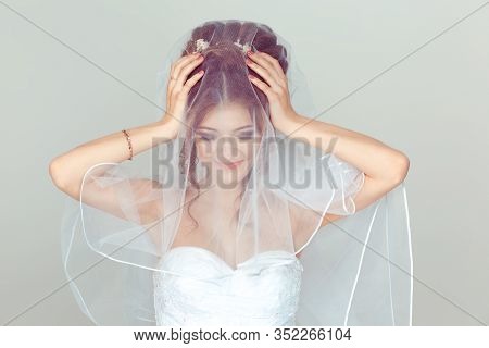 Stressed Bride. Portrait Of Angry Bride Hands On Head About To Have A Breakdown Or Cry Isolated Over