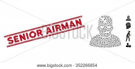 Distressed Red Stamp Seal With Senior Airman Caption Between Double Parallel Lines, And Mosaic Neuro