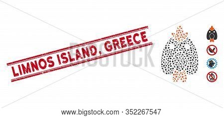 Rubber Red Stamp Seal With Limnos Island, Greece Caption Inside Double Parallel Lines, And Mosaic Ch