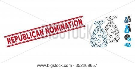 Grunge Red Stamp Seal With Republican Nomination Text Inside Double Parallel Lines, And Collage Mone