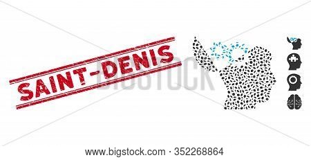 Corroded Red Stamp Seal With Saint-denis Phrase Between Double Parallel Lines, And Mosaic Open Mind 