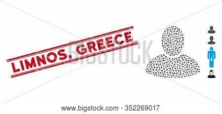 Grunge Red Stamp Seal With Limnos, Greece Text Inside Double Parallel Lines, And Mosaic Client Icon.