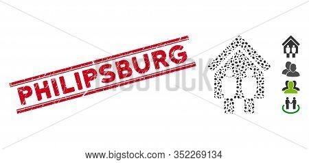 Distressed Red Stamp Watermark With Philipsburg Caption Inside Double Parallel Lines, And Collage Li