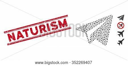 Grunge Red Stamp Seal With Naturism Phrase Inside Double Parallel Lines, And Mosaic Freelance Paper 