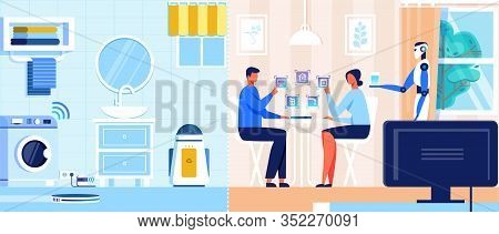 Domestic Robot Bringing Glass Of Water To People Sitting At Table On Kitchen. Robotic Automation Hou