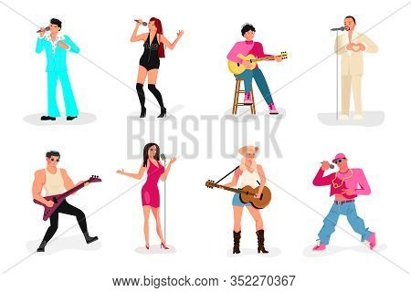 Set Of Diversity Of Singers Musicians Isolated On White. Bundle Of Male Female Music Artists In Diff