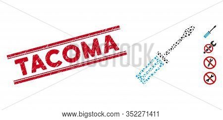 Corroded Red Stamp Seal With Tacoma Phrase Inside Double Parallel Lines, And Mosaic Screwdriver Icon