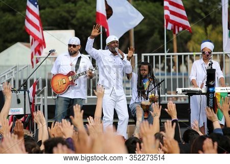 SANTA ANA, California / USA - February 21, 2010: The Reggie Band Pato Banton plays for the Bernie Sanders crowd during a Presidential Rally in Santa Ana, California. Editorial use only.   