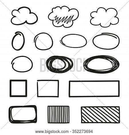 Different Sketchy Elements And Geometric Shapes On White. Abstract Shape. Black And White Illustrati