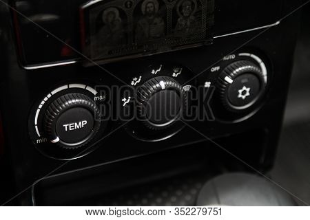 Novosibirsk, Russia - January 24, 2020:  Lada Priora, Vehicle Interior With Visible Climate Controls