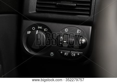 Novosibirsk, Russia - January 24, 2020:  Lada Priora, Close-up On The Headlight Switch Control Butto