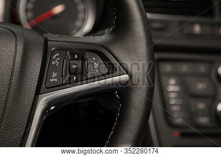 Novosibirsk, Russia - January 11, 2020:   Opel Mokka, New Black Steering Wheel With Multifunction Bu