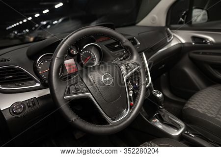 Novosibirsk, Russia - January 11, 2020:   Opel Mokka, Dashboard, Player, Steering Wheel With Logo An