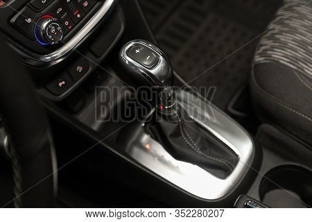 Novosibirsk, Russia - January 11, 2020:   Opel Mokka, Close-up View Of The Automatic Gearbox Lever. 