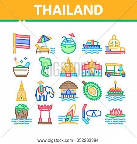 Thailand National Collection Icons Set Vector. Thailand On Geography Map And Flag, Bungalow And Buil
