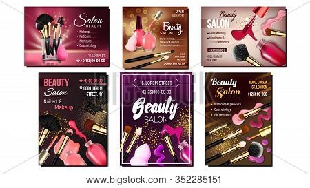 Beauty Salon Creative Advertise Banner Set Vector. Collection Of Different Design Poster With Glassy