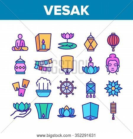 Vesak Day Buddhism Collection Icons Set Vector. Buddha Statue And Figure, Lotus Flower And Lantern, 