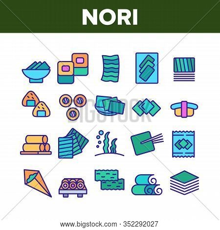 Nori Seaweed Asia Food Collection Icons Set Vector. Nori For Sushi And Rolls, Soup And Seafood, Heap