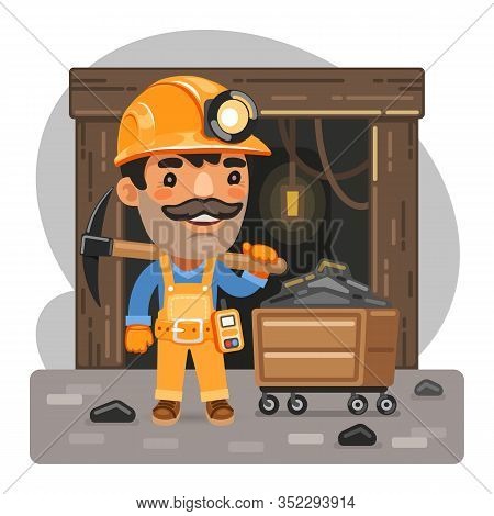 Cartoon Miner With A Pickaxe Next To The Trolley In Front Of The Mine Entrance. Composition With A P