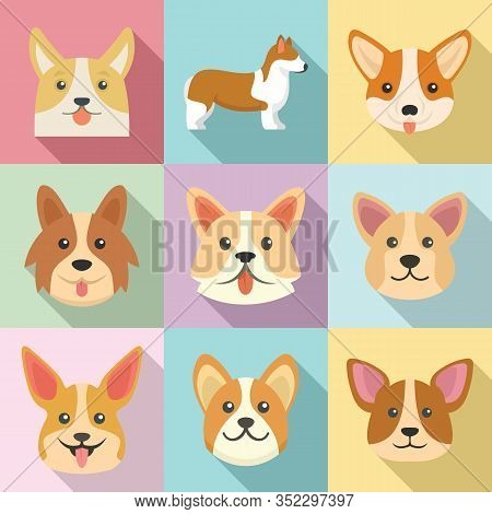Corgi Dogs Icons Set. Flat Set Of Corgi Dogs Vector Icons For Web Design